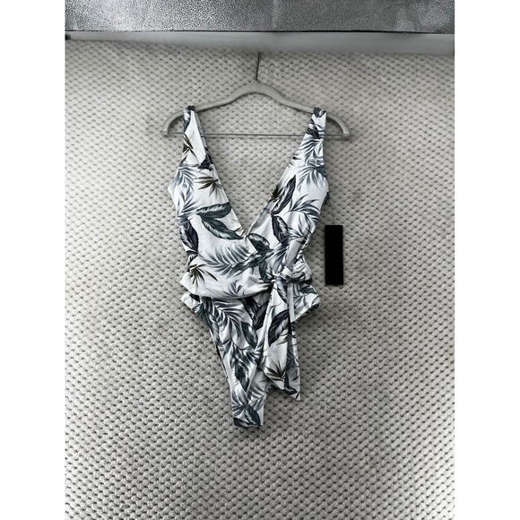 Mono B Plunge One‎ Piece Swimsuit Tropical Leaf Print Tie Front Vacation Medium - Picture 1 of 9